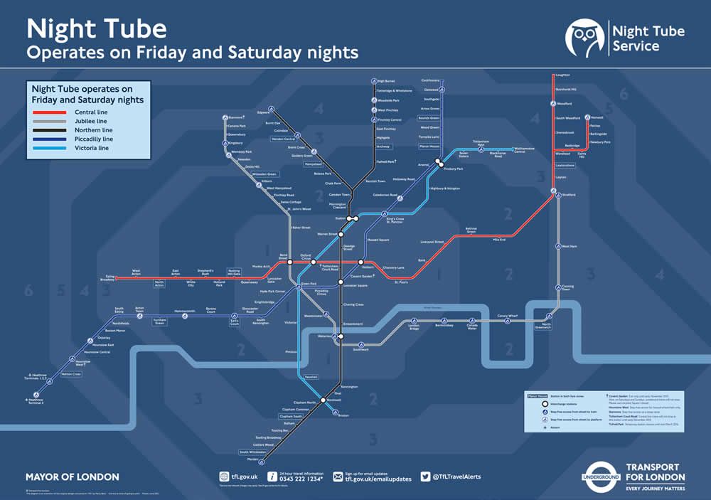 Mappa servizio notturno metropolitana Night Tube