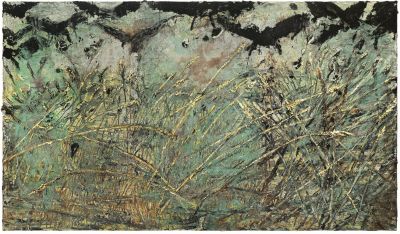 Anselm Kiefer, Nevermore, 2014. Emulsion, oil, acrylic, shellac, gold leaf and sediment of electrolysis on canvas, 330 x 570 cm. Eschaton Kunststiftung. Photo: Charles Duprat. © Anselm Kiefer