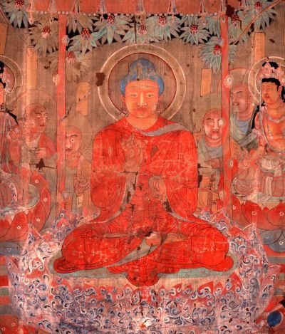 Silk watercolour painting of the 
Buddha, China, about AD 701–750