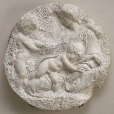 Michelangelo Buonarroti, The Virgin and Child with the Infant Saint John (The 'Taddei Tondo'), c. 1504-05. Marble, 106.8 x 106.8 cm. Royal Academy of Arts, London. Bequeathed by Sir George Beaumont, 1830. Photo: Royal Academy of Arts, London, Photographer: Prudence Cuming Associates Limited