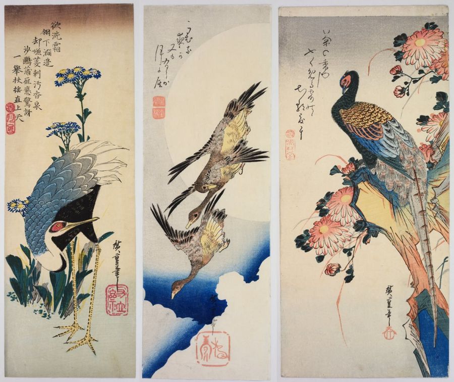 Crane and asters   (early 1830s) [left]  Three geese and full moon  (early 1830s) [centre]  Pheasant and chrysanthemums  (early 1830s) [right]  By Utagawa Hiroshige