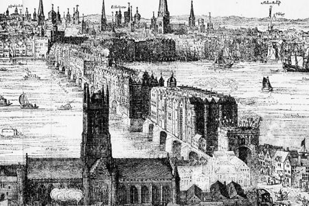 Dettaglio da "Panorama of London" di Claes Van Visscher, realizzato nel 1616. Mostra il vecchio ponte di Londra nel 1616