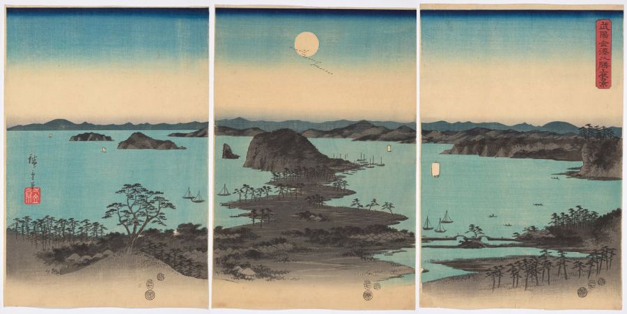 Evening View of the Eight Scenic  Spots of Kanazawa in Musashi  Province,1857  By Utagawa Hiroshige
