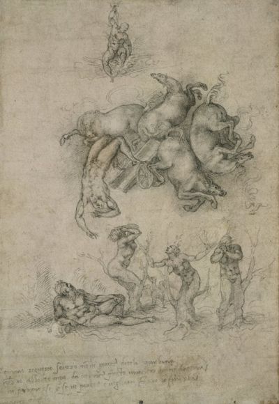 Michelangelo Buonarroti (1475–1564), the fall of Phaeton. Black chalk, over stylus underdrawing, on paper, about 1533.© The Trustees of the British Museum