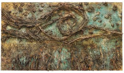 Anselm Kiefer, The Starry Night (De sterrennacht), 2019. Emulsion, oil, acrylic, shellac, straw, gold leaf, wood, wire and sediment of electrolysis on canvas, 470 × 840 cm. Courtesy of the artist and White Cube. Photo: Georges Poncet. © Anselm Kiefer