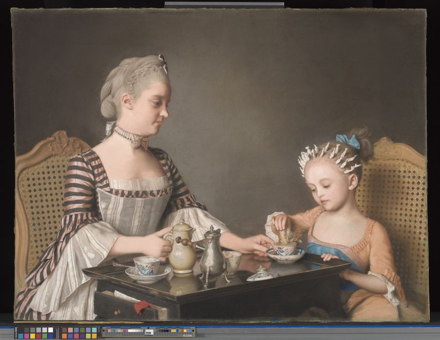 Jean-Etienne Liotard The Lavergne Family Breakfast, 1754 Pastel on paper stuck down on canvas 80 × 106 cm Accepted in lieu of Inheritance Tax by HM Government from the estate of George Pinto and allocated to the National Gallery, 2019 © The National Gallery, London